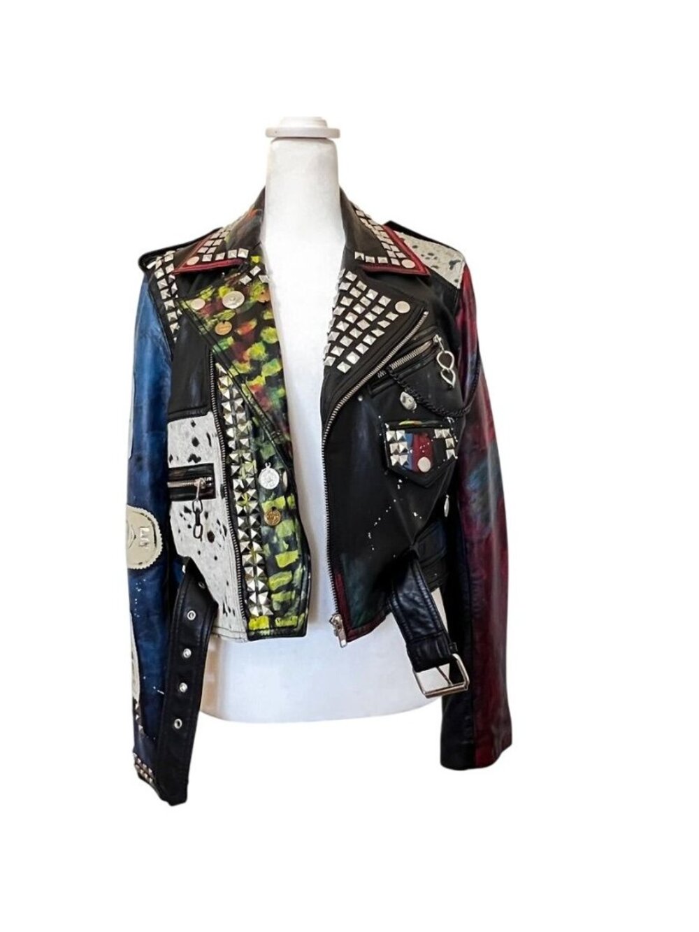 Zara Women M Ltd Edition Leather Battle Jacket Moto Studded Patchwork Cropped - Picture 8 of 16